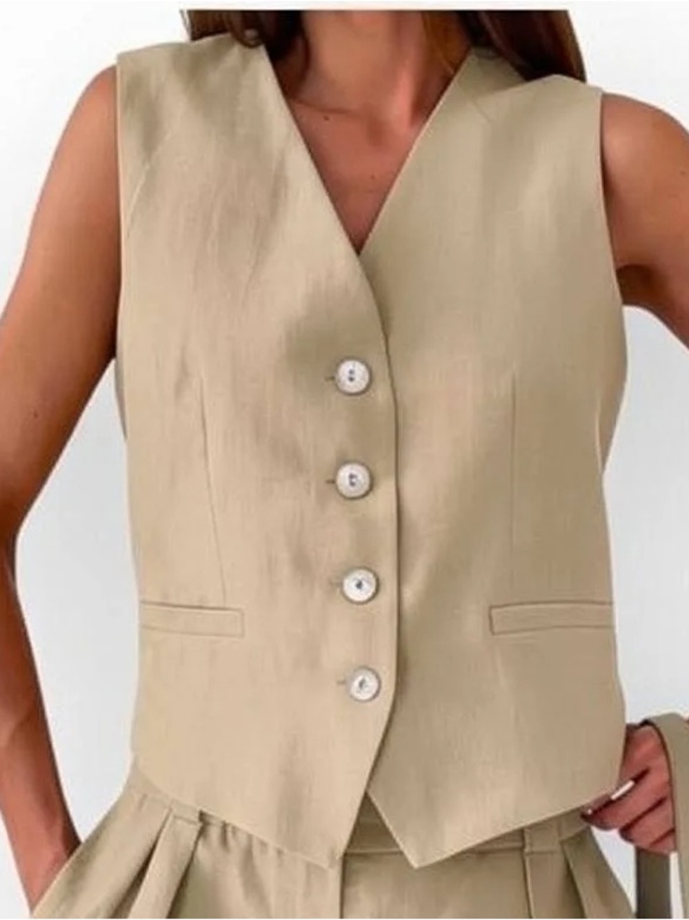 Commense NWT Beige Linen Vest & Wide-Leg Trousers Set Size M
